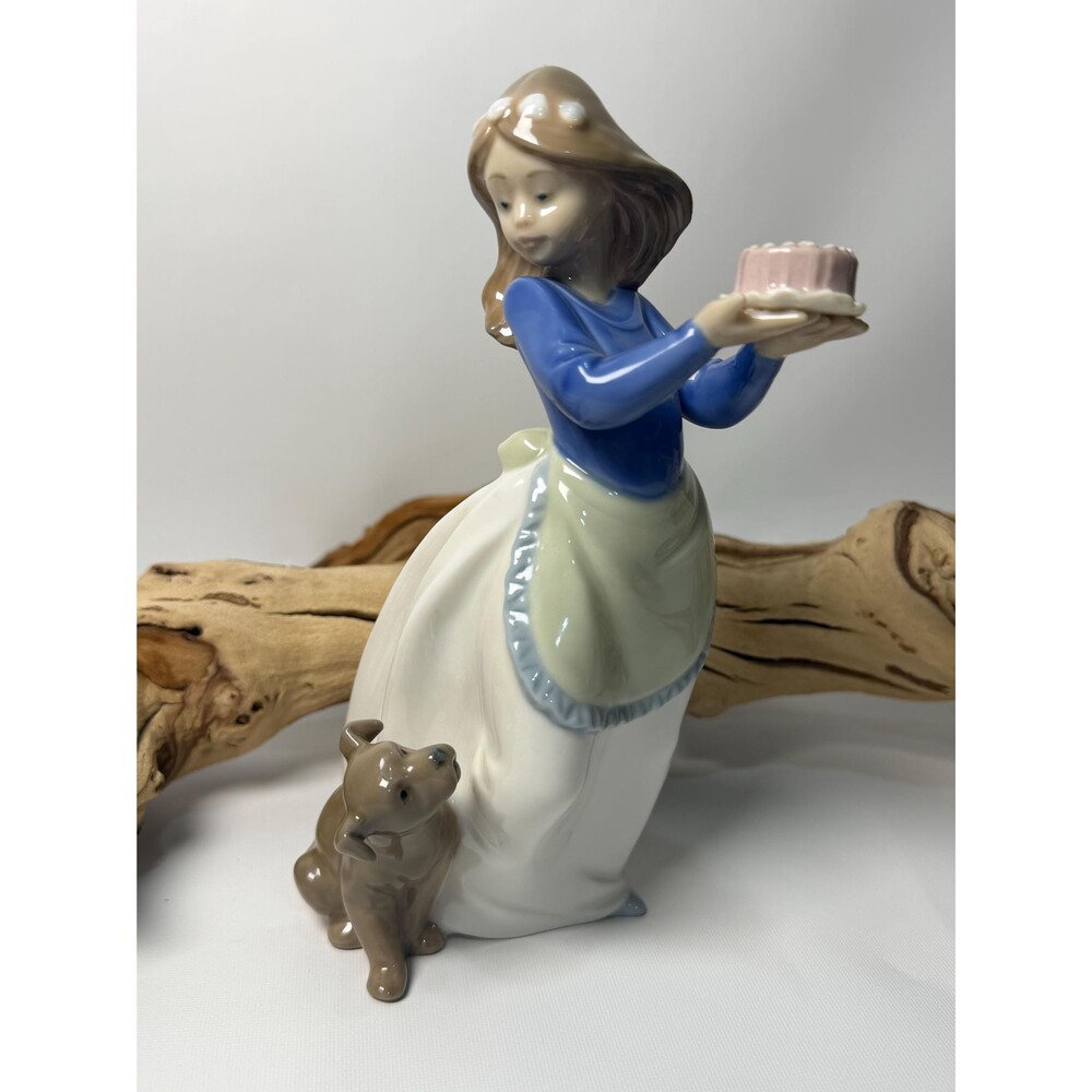 Vintage 1987 NAO by Lladró Porcelain Girl wDog Birthday Cake, Hand Made Spain,